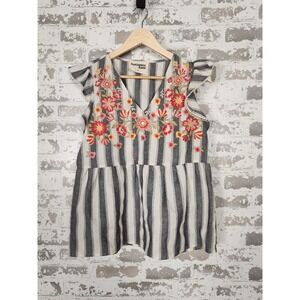 SAVANNAH JANE Top‎ Womens Size Small Gray Floral Embroidered Peasant Cottagecore